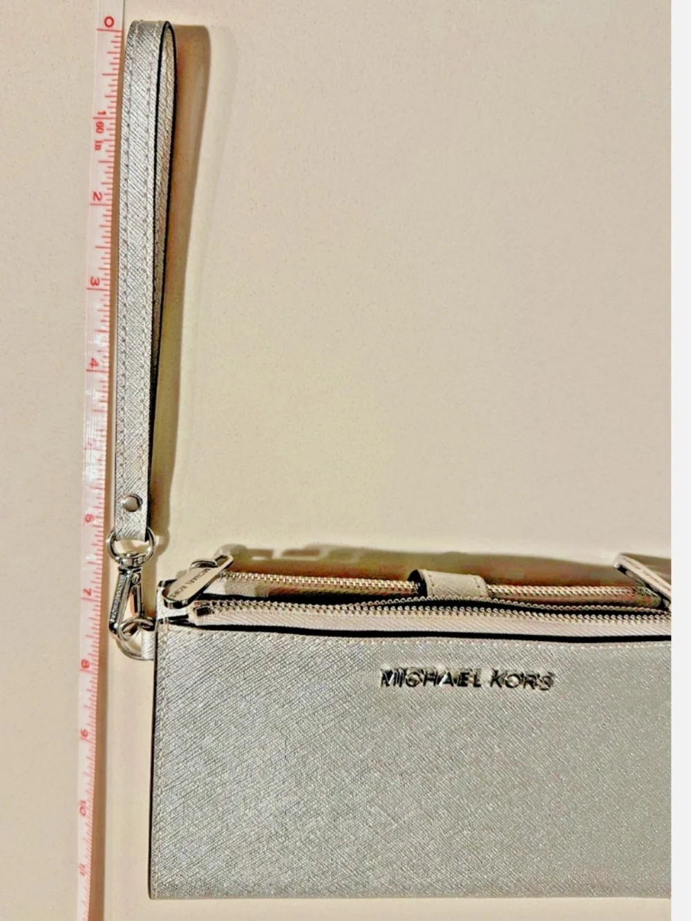 Michael Kors Jet Set Travel Double Zipper Leather Wristlet Wallet Clutch SILVER - Picture 2 of 13